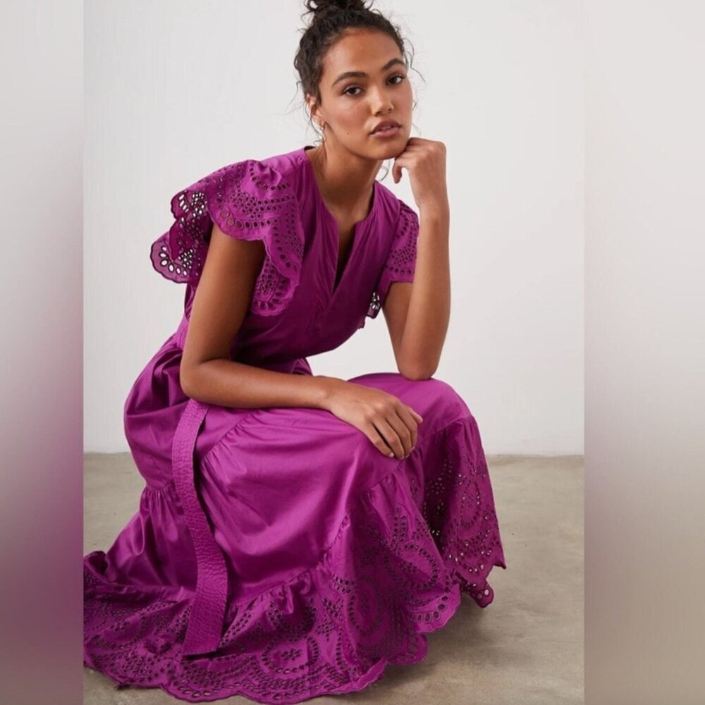 RAILS Gia Eyelet Dress in Berry 100% Cotton Boho Midi Dress Small Purple - Picture 1 of 11